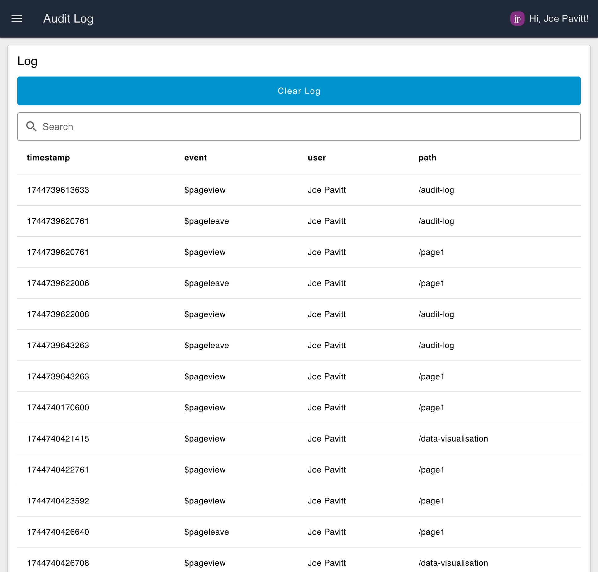 Screenshot of the User Tracking & Audit Log example