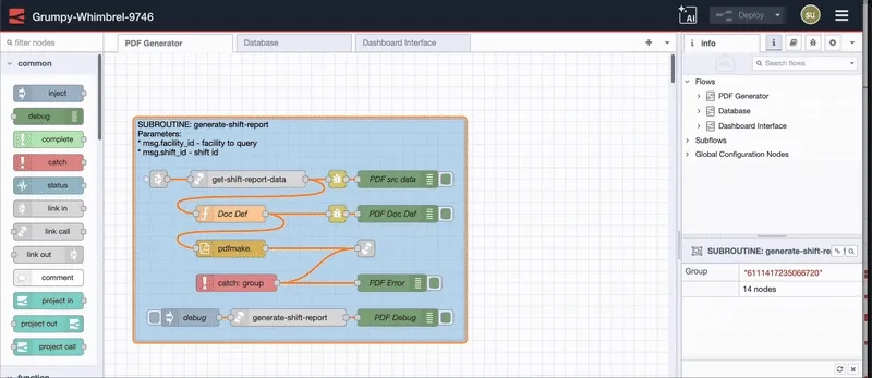 FlowFuse AI Assistant explaining the purpose and behavior of a complex Node-RED flow in plain language.