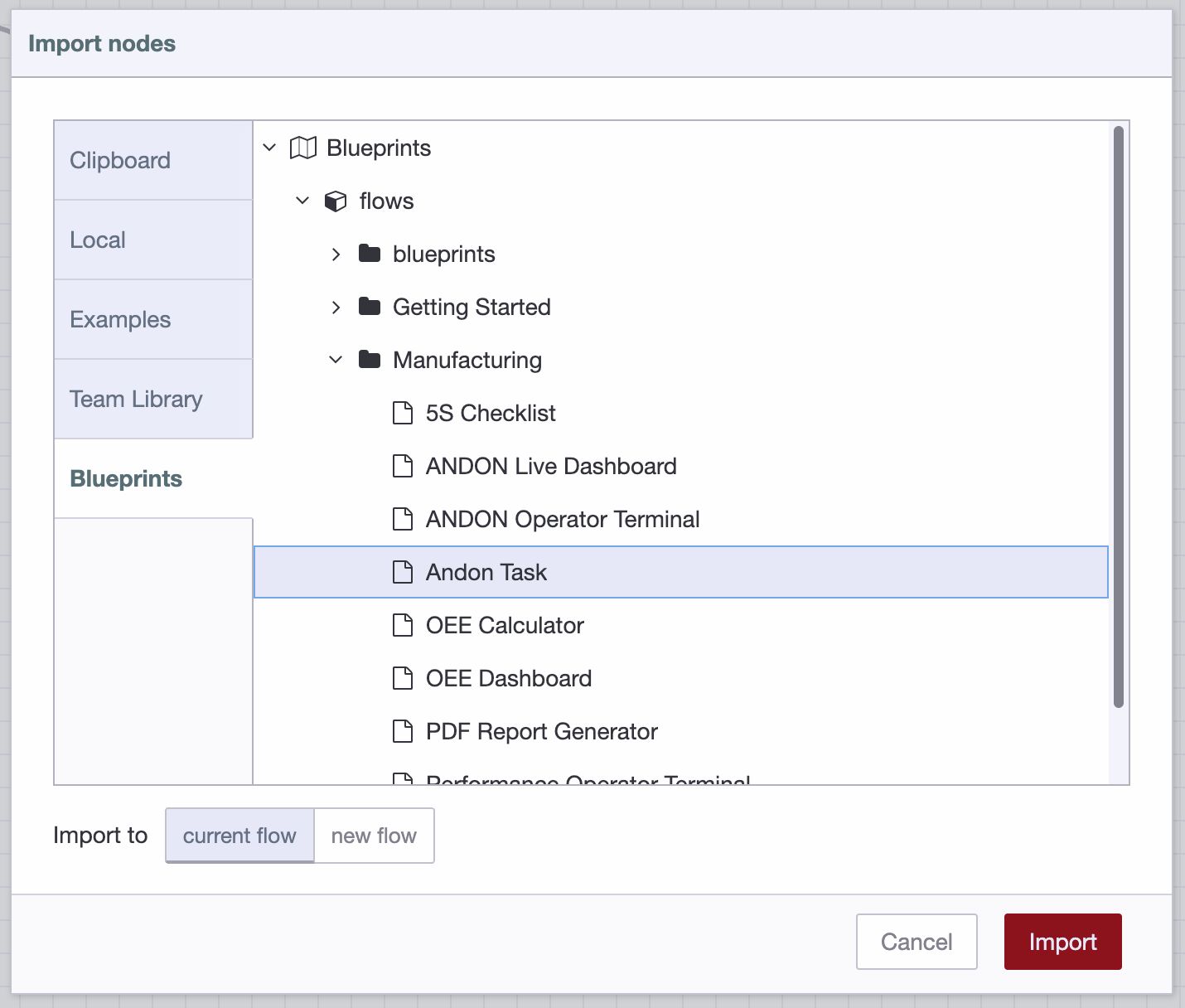 Screenshot of the Node-RED import dialog