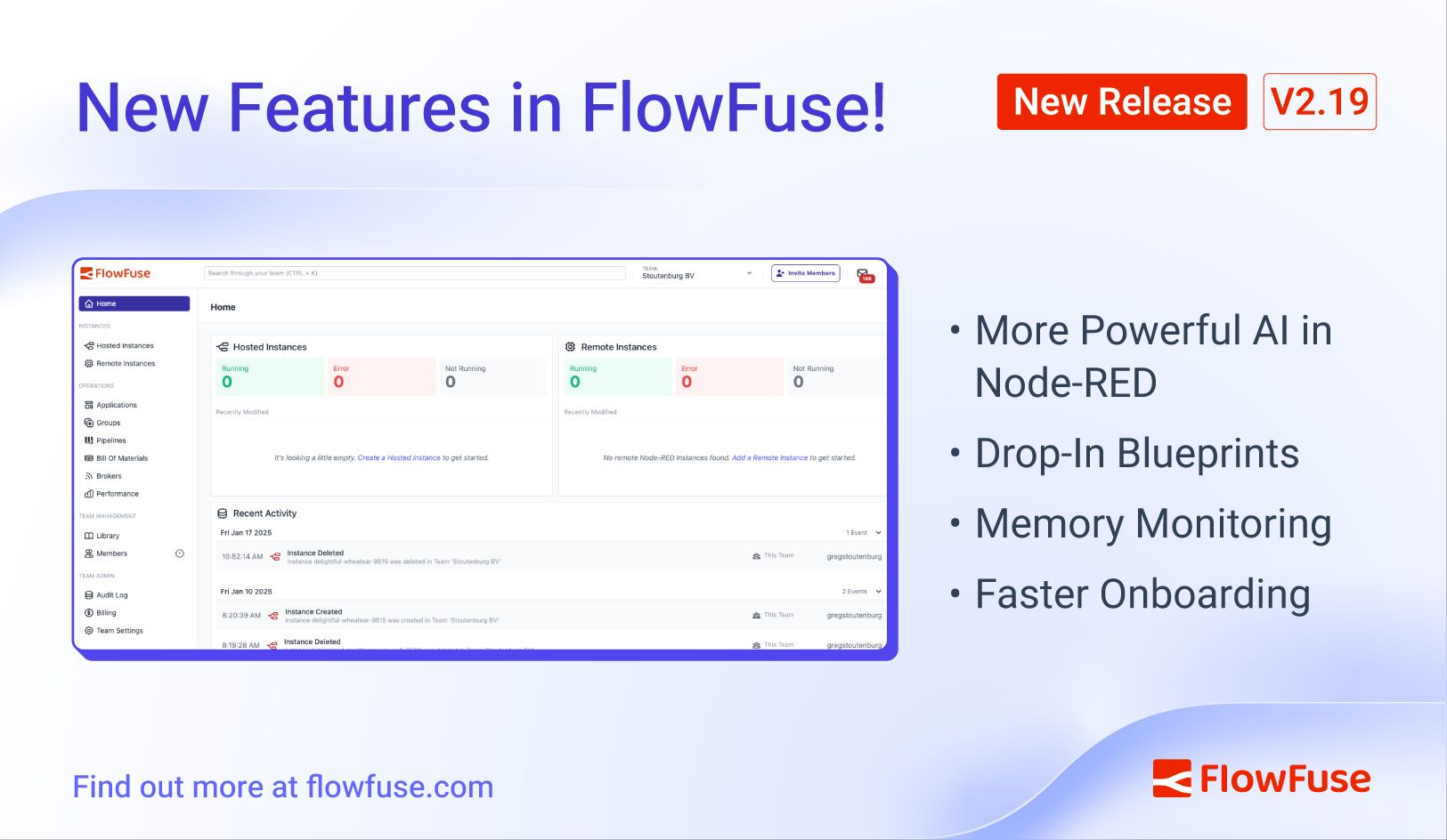 Image representing FlowFuse 2.19: More Powerful AI in Node-RED, Drop-In Blueprints, Memory Monitoring, and Faster Onboarding