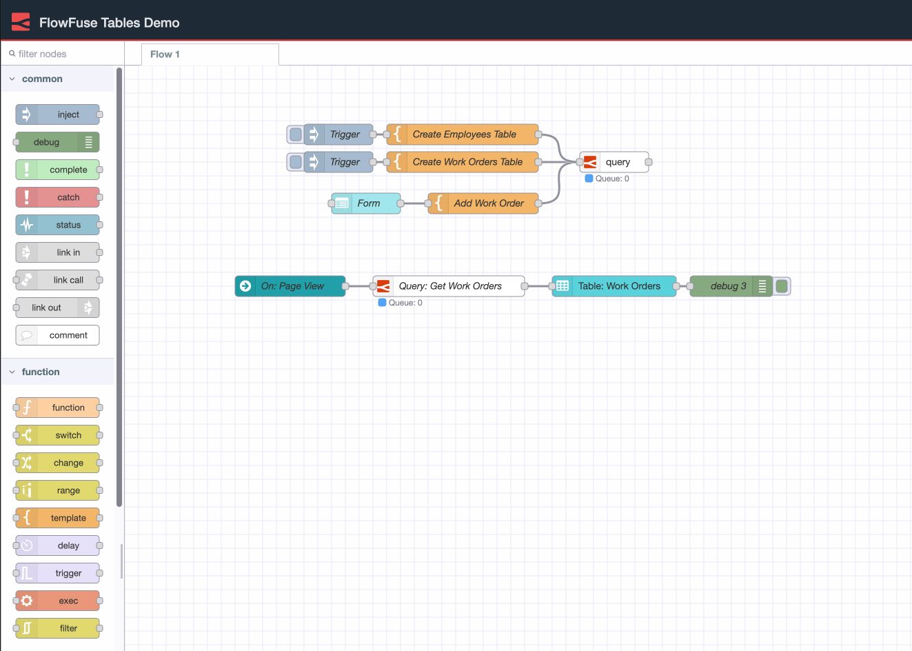 A flow in Node-RED that uses the new FlowFuse "Query" node
